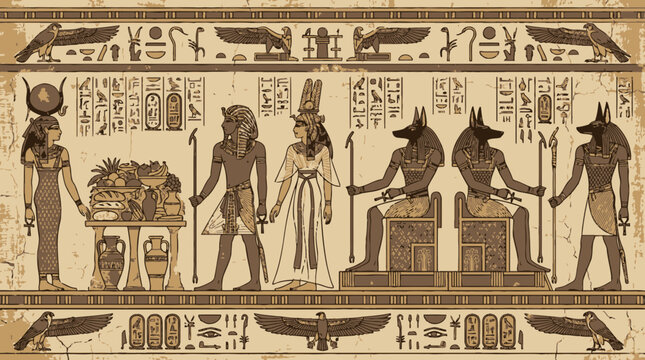 Ancient Egyptian Wall Art Scene with Pharaoh, Goddesses, and Anubis Offering Ritual - Hieroglyphic Papyrus Background