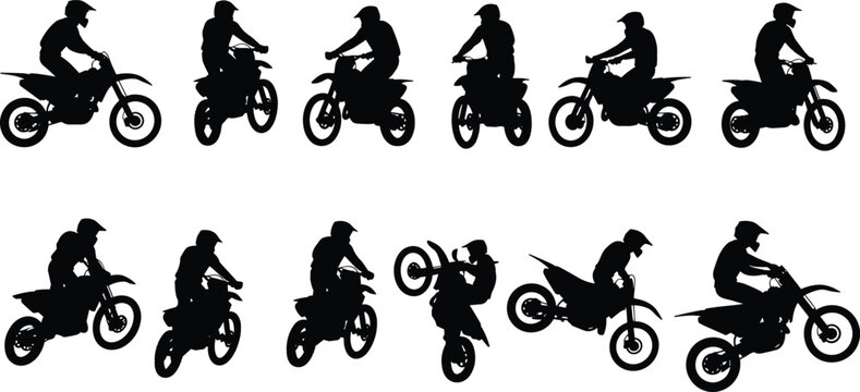 Motocross rider silhouettes performing dirt bike stunts and riding poses collection isolated for extreme sport, racing and motorcycle action concept