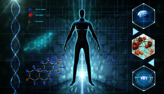 Human silhouette with DNA and molecular structures in a futuristic grid environment file 60