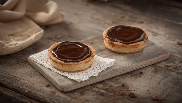 Two chocolate pies on a rustic village table in Moodle style