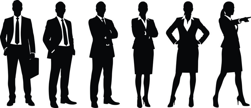 Cartoon business silhouettes of confident men and women in suits symbolizing professionalism, leadership, and corporate success design