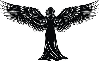 Fototapeta premium Elegant angel silhouette with large detailed wings vector illustration, mystical female guardian angel figure isolated on light background, spiritual symbol for faith, heaven, and protection