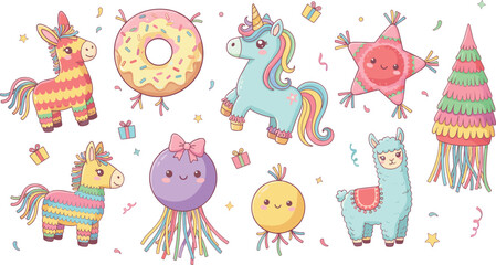 Fototapeta premium Cartoon colorful piñatas with animals, stars, donuts, and festive confetti symbolizing birthday celebration and party design