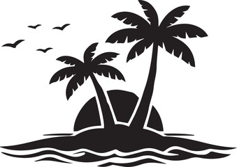Tranquil tropical island with two towering palm trees and gentle waves Vector © MSTJESMIN