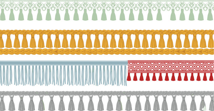 Cartoon decorative fringe trims with tassels and braided patterns symbolizing textile, fashion, and home d&eacute;cor design