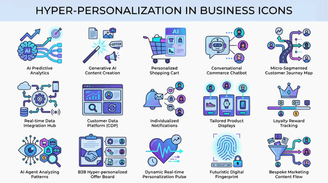 Modern Hyper-Personalization in Business AI Technology Icon Set Vector Collection for Enhanced Customer Experience and Data-Driven Strategies in a Digital World