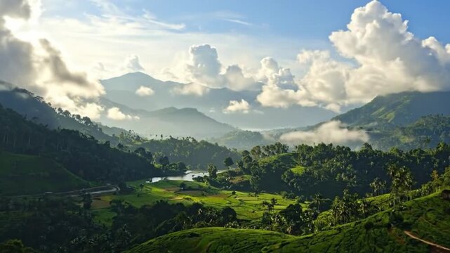Scenic landscape of lush green hills and valleys under a bright blue sky with f white clouds.