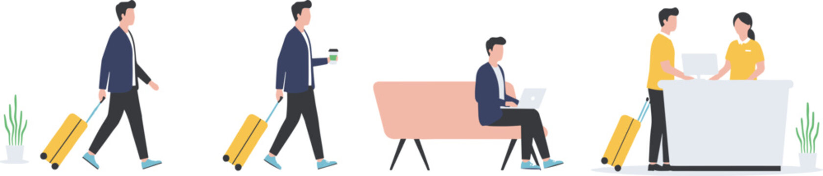 Cartoon man traveling with suitcase, coffee, laptop, and hotel reception check‑in process design