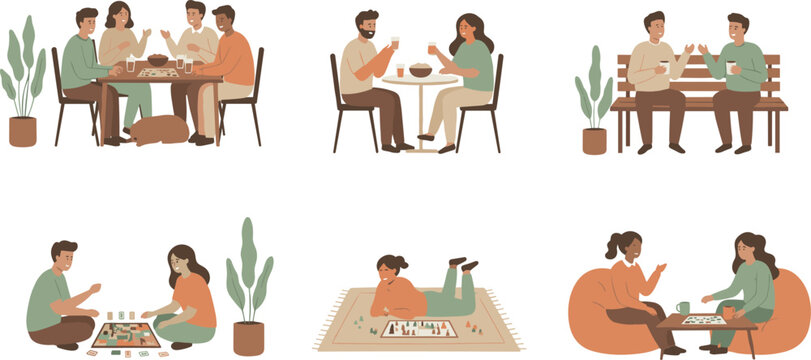 Cartoon people playing board games and socializing with drinks, snacks, and pets in cozy leisure design