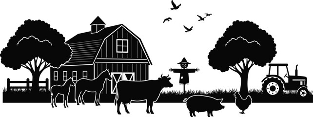 Obraz premium Farm landscape barn tractor animals silhouette vector illustration design graphic, agriculture rural nature art concept, black and white decorative creative collection