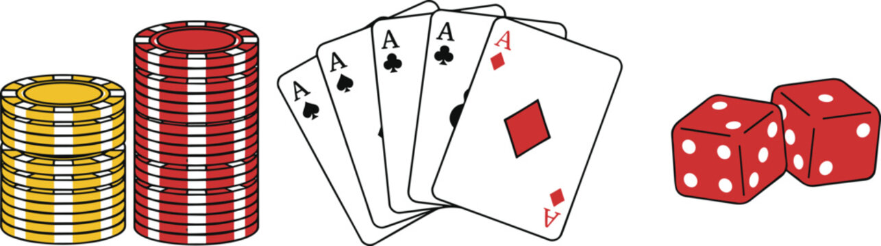 Cartoon poker chips, playing cards, and dice symbolizing casino games, gambling, and entertainment design