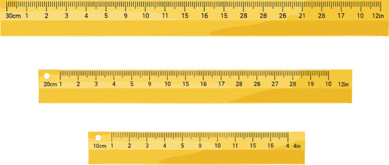 Cartoon yellow measuring rulers with centimeter and inch markings symbolizing precision, metric, and imperial measurement design