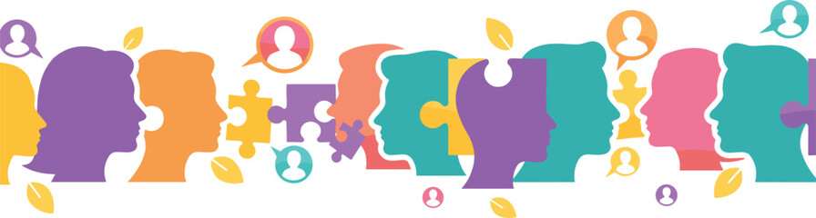 Fototapeta premium Human head silhouettes vector illustration with puzzle pieces, speech bubbles, leaves, communication, teamwork, and collaboration theme