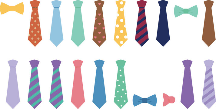Neckties and bow ties vector illustration with colorful patterns, stripes, polka dots, hearts, and fashion accessories