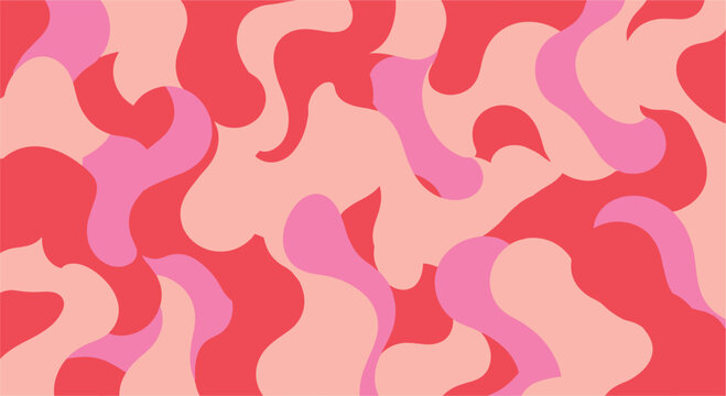 Vibrant abstract pattern with wavy red and pink shapes on a peach background