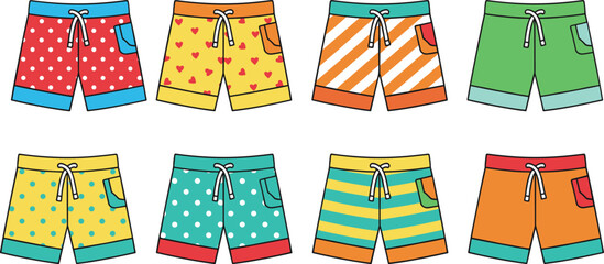 Swim trunks vector illustration with colorful patterns, stripes, polka dots, hearts, pockets, and summer fashion design © Creative design