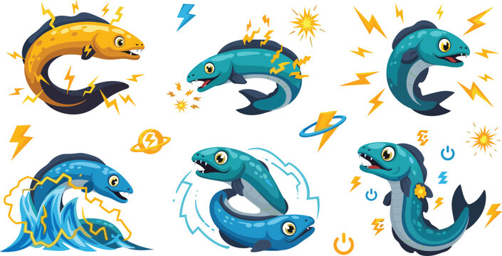 Electric eel cartoon mascot set with lightning energy power effects underwater sea creature character vector illustration collection