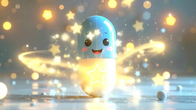 A cheerful cartoon pill with a glowing star, surrounded by bokeh lights and stars, creating a whimsical scene.