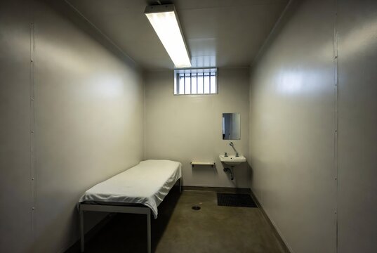 A prison cell with a bed, sink, and barred window.