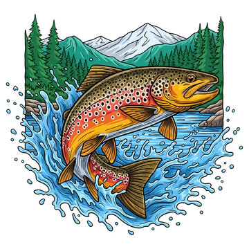 Brown trout jumping out of water with mountain and forest background vintage vector illustration