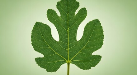 Fototapeta premium A close-up shot of a single green leaf showcasing intricate details and textures. The leaf is perfectly centered, against the gradient background