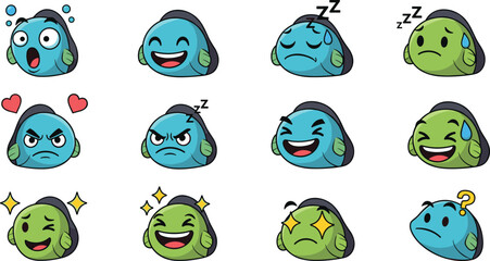 Cute cartoon fish emoji faces set with different emotions expressions funny aquatic character icons vector illustration collection