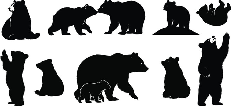 Collection of various black silhouettes of bears and cubs in different poses