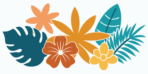 Minimalist tropical floral collection with hibiscus flowers and palm leaves in warm tones © SarwarGfx
