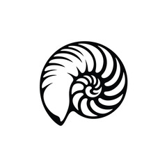 Black and white illustration of a nautilus shell with spiral pattern © firoj