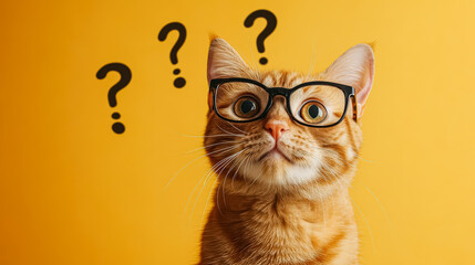 Curious Cat with Glasses Against Yellow Background