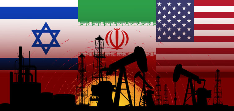 Oil industry, Crude Oil Prices crisis concept illustration with flags of Israel, Iran, and the USA conflict Persian Gulf