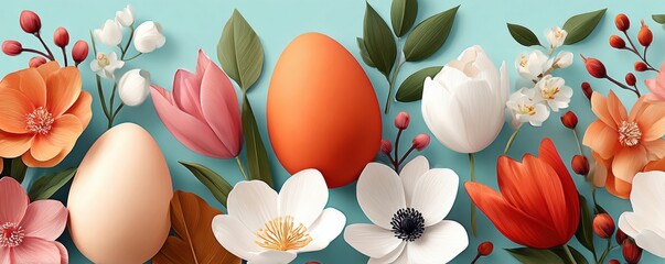 Obraz premium Easter eggs and spring flowers on a light blue background with pastel floral arrangement