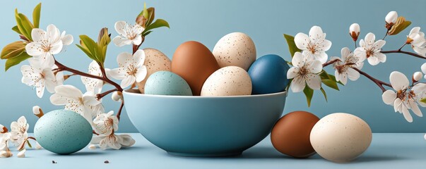 Obraz premium Easter eggs in a blue bowl with white spring blossoms on a pastel background