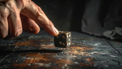 A human finger delicately balancing a single die on a dark surface, captured in a dramatic close-up just before a crucial roll, symbolizing chance and decision.