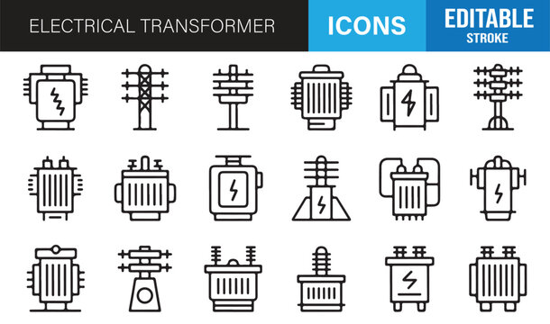 Industrial electrical transformer icon set outline editable stroke vector