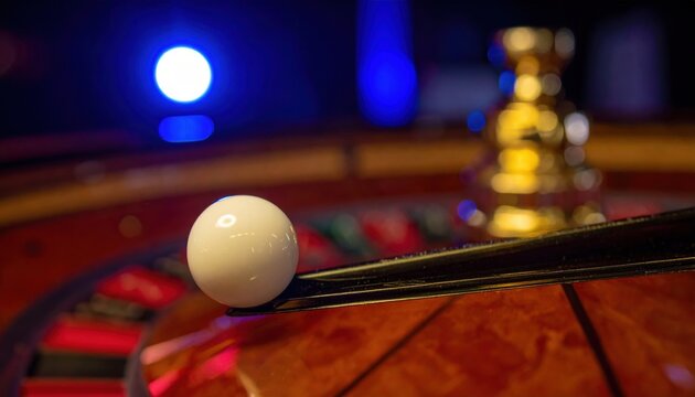 A single, pristine white roulette ball poised precariously on the edge of a numbered slot, ready to drop within a vibrant, dimly lit casino environment.