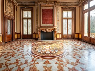 Obraz premium Ornate interior of a grand hall with intricate marble floor and fireplace