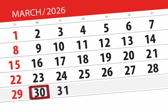 Calendar 2026, deadline, day, month, page, organizer, date, March, monday, number 30