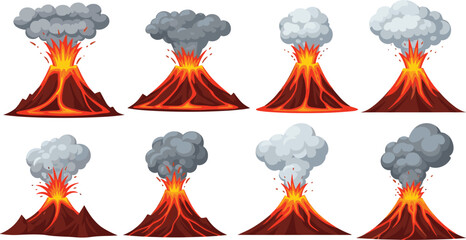Set of erupting volcano icons featuring flowing lava fire sparks and thick smoke clouds in colorful cartoon style for nature and science design. © munzuara