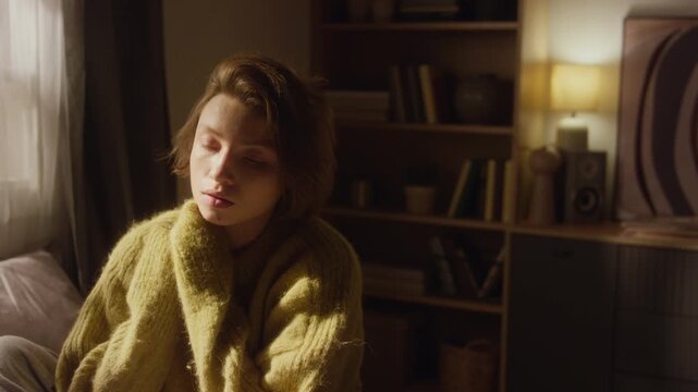 Medium shot of overwhelmed young adult woman running hands through hair in frustration trying to calm down while going through emotional crisis sitting in sunlit bedroom