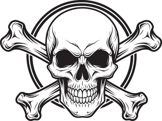 Obraz premium Vintage skull and crossbones vector illustration, detailed jolly roger skeleton head with circular border, nautical pirate emblem for biker tattoo and apparel design