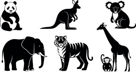 Black silhouette animals including panda kangaroo koala elephant tiger giraffe and monkey on white background silhouette © MSTSHAMSUN