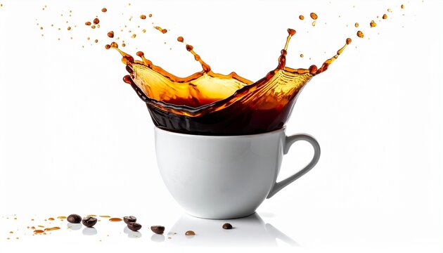 realistic photo of cup of black coffee splash effect
isolated on pure white background, high speed photography, 8k