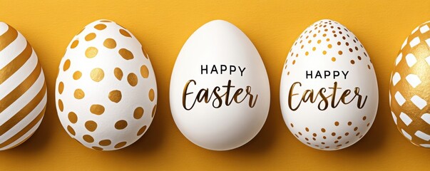 Obraz premium Row of white Easter eggs with gold patterns and Happy Easter lettering on yellow background