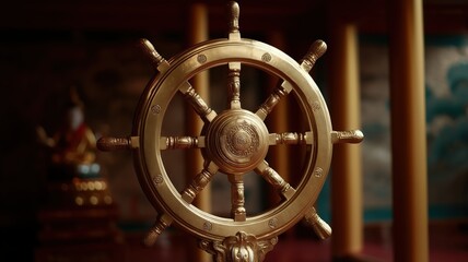 Fototapeta premium Elegant golden dharma wheel with intricate details, symbolizing Buddhist spirituality and Vesak celebrations, perfect for inspiring serene and meaningful visuals