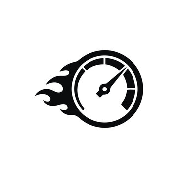 Speedometer with flame icon symbolizing high performance and rapid acceleration