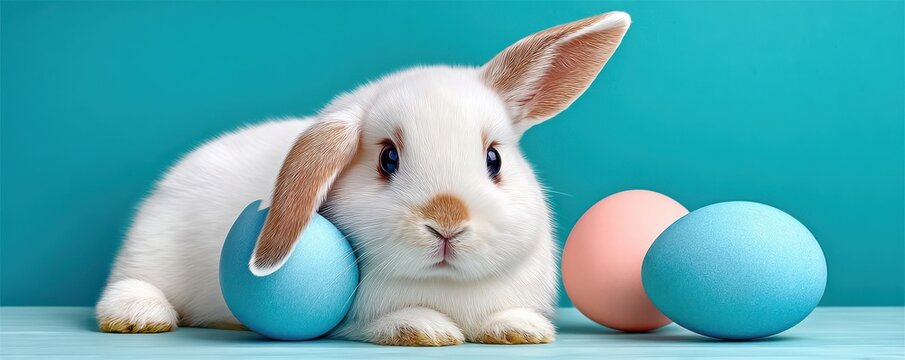 White fluffy bunny lying with blue Easter eggs on turquoise background, cute spring holiday scene