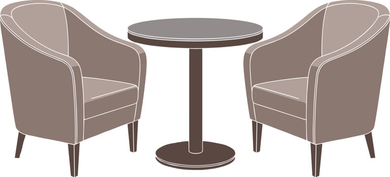 Cafe table with armchairs furniture set, cozy coffee shop seating illustration, modern lounge chairs and round table interior design vector