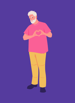 Modern flat vector full-length illustration of a smiling senior man making a heart symbol with his hands. The elderly gentleman features white hair and a beard. Love, healthcare, charity, aging