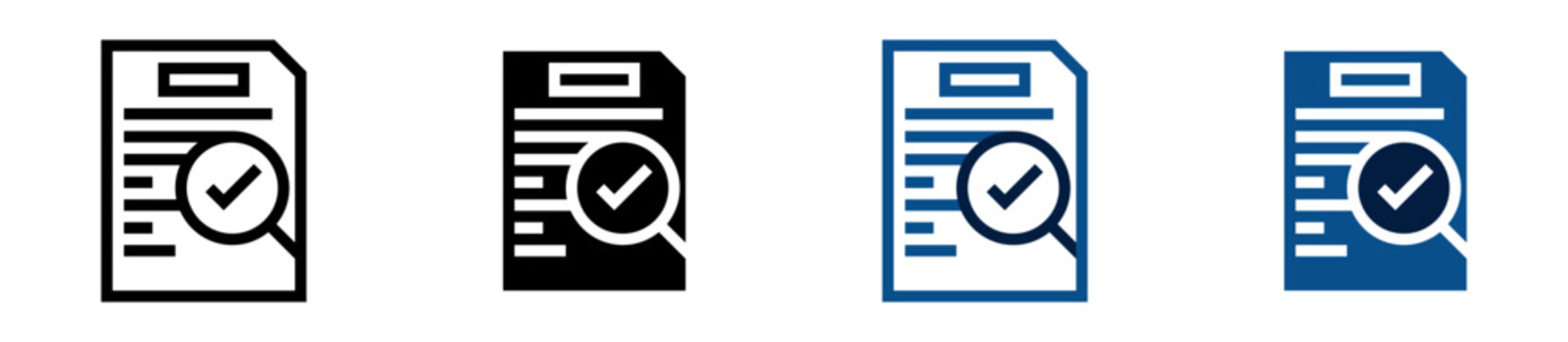 Iconos de documento verificado. Hoja con lupa y marca de aprobaci&oacute;n. Validaci&oacute;n de informaci&oacute;n y revisi&oacute;n documental. Ilustraci&oacute;n vectorial